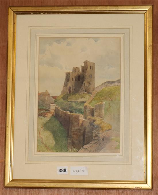 Arthur Suker (1857-) watercolour, Corfe Castle, monogrammed 33 x 24cm.